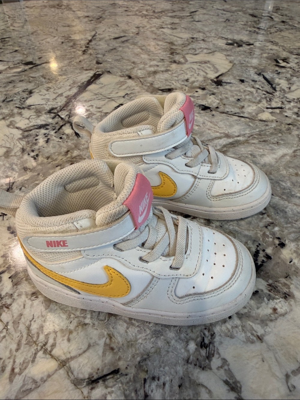 Nike White High-Top Kids Sneakers with Yellow Swoosh and Pink Strap